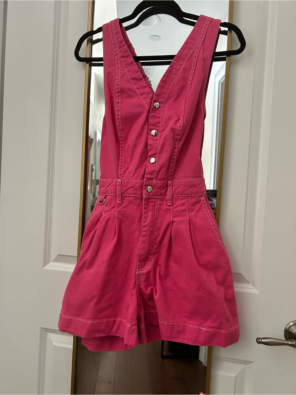Women's Hot Pink 100% Cotton Romper with Button Front/Adjustable Straps & Waist